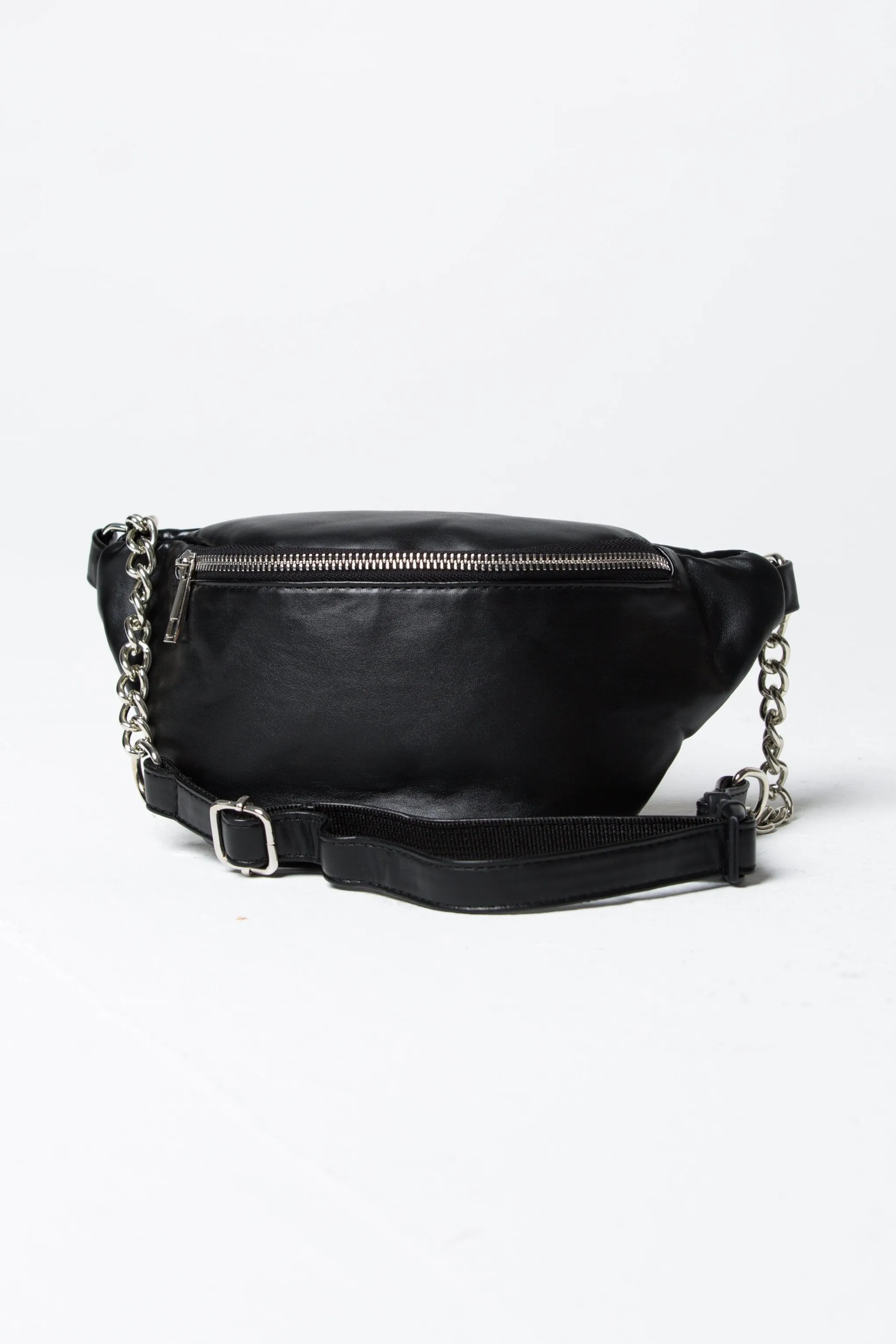 Black Faux Leather and Chain Detail Belt Bag