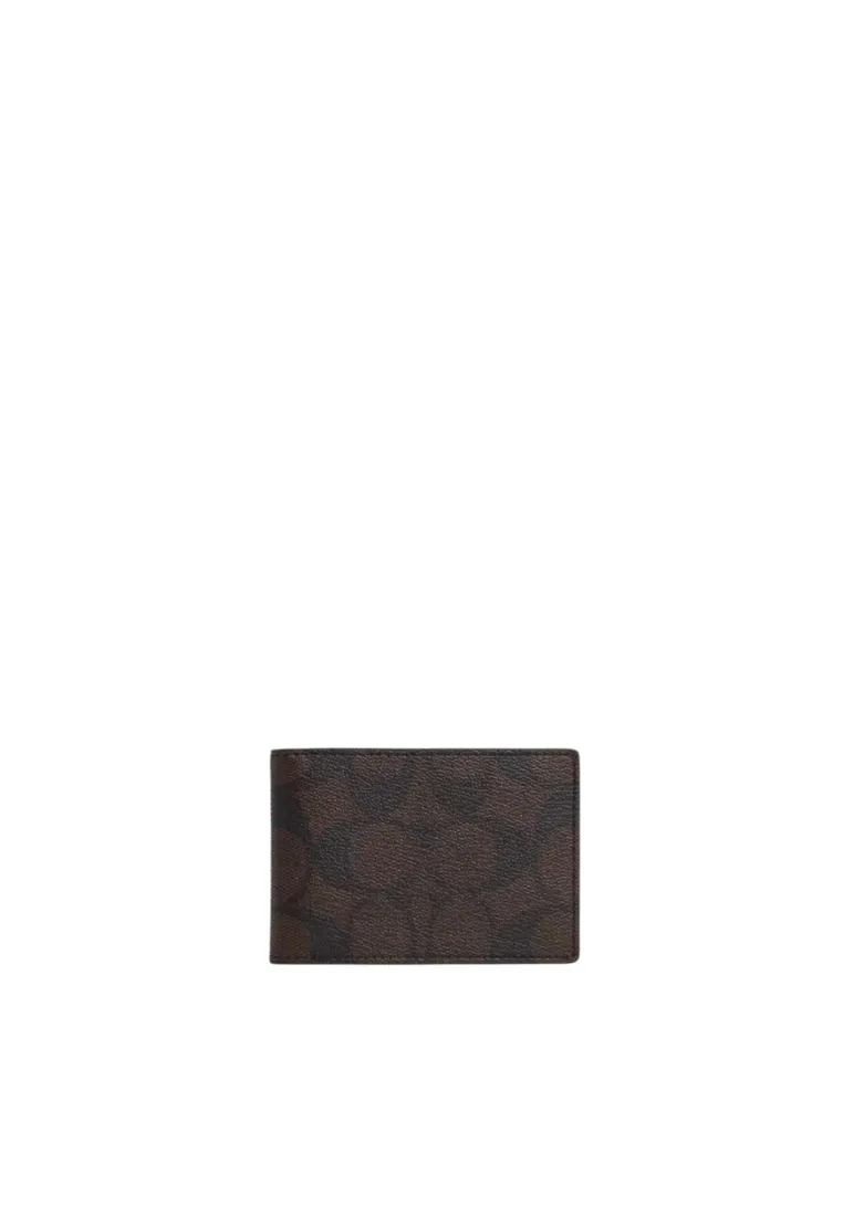 Coach Compact Billfold Wallet In Signature Canvas In Mahogany Black CM166