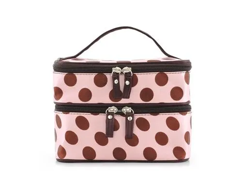 Double Layer Dots Pattern Makeup Bag with Mirror - Pink