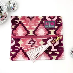 Makeup Junkie | Small Maroon Aztec Lay Flat Bag in Maroon and Pink Mix