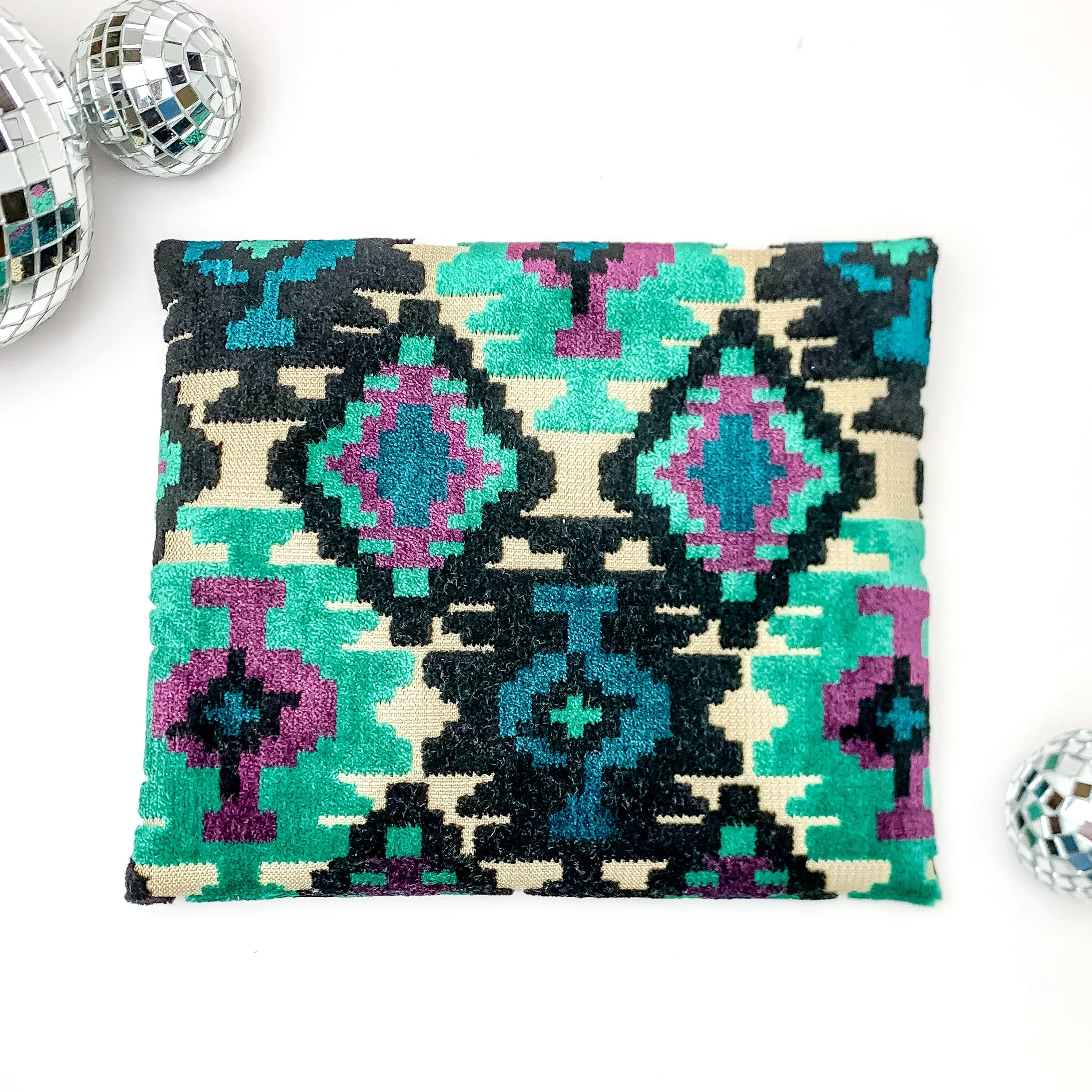 Makeup Junkie | Small Midnight Aztec Lay Flat Bag in Turquoise Green and Black Mix