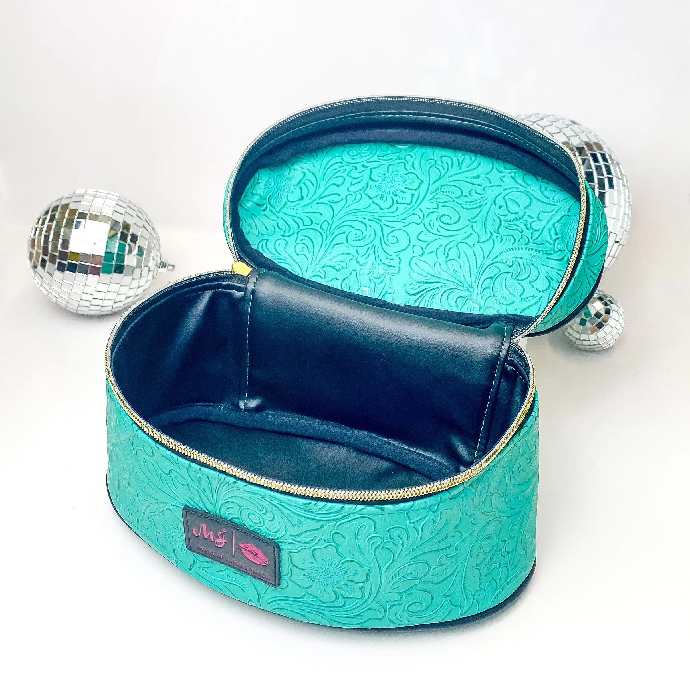 Makeup Junkie | Small Turquoise Dream Train Case in Turquoise Green Tooled Print