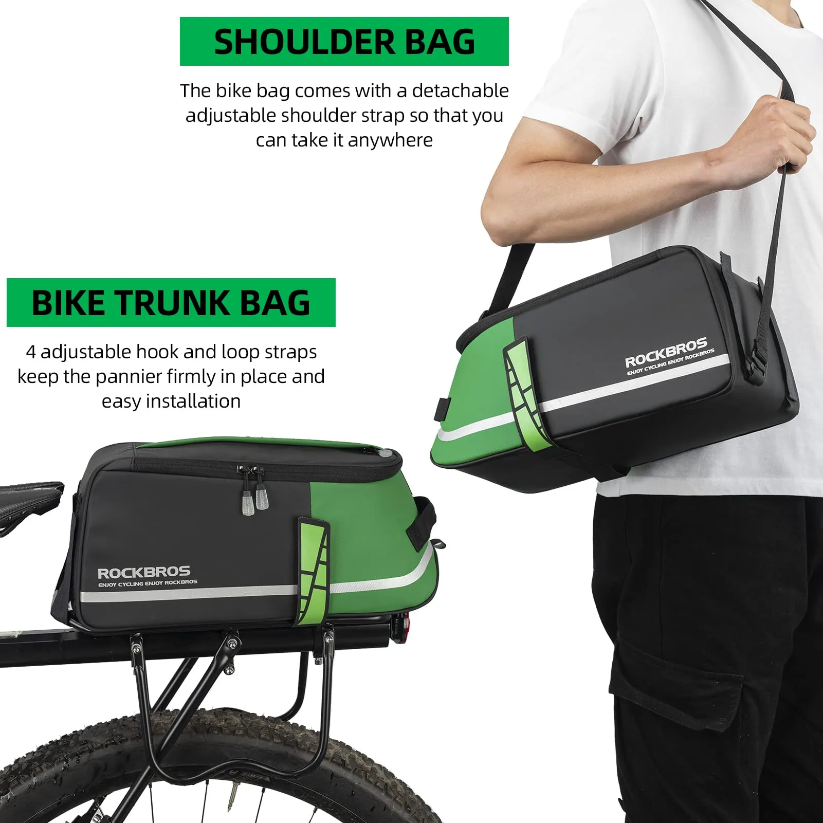 ROCKBROS Bike Rear Rack Bag Reflective Bicycle Saddle Bag Cycling Luggage Panniers with Shoulder Straps