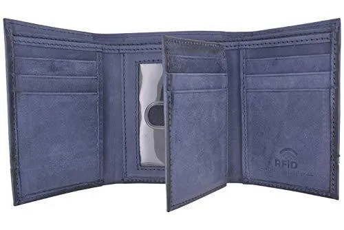 Trifold Wallet with RFID For Men Genuine Leather Men's Casual & Professional Navy Blue Wallets RFID611303