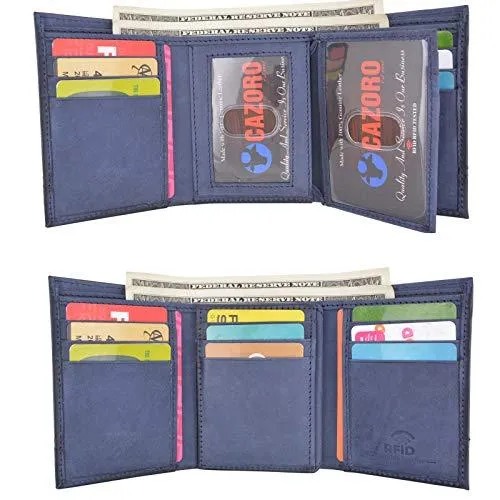 Trifold Wallet with RFID For Men Genuine Leather Men's Casual & Professional Navy Blue Wallets RFID611303