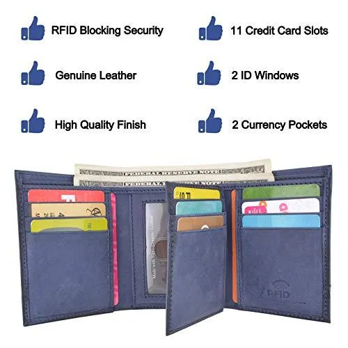 Trifold Wallet with RFID For Men Genuine Leather Men's Casual & Professional Navy Blue Wallets RFID611303