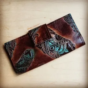 Turquoise Feather Embossed Leather Wallet with Snap