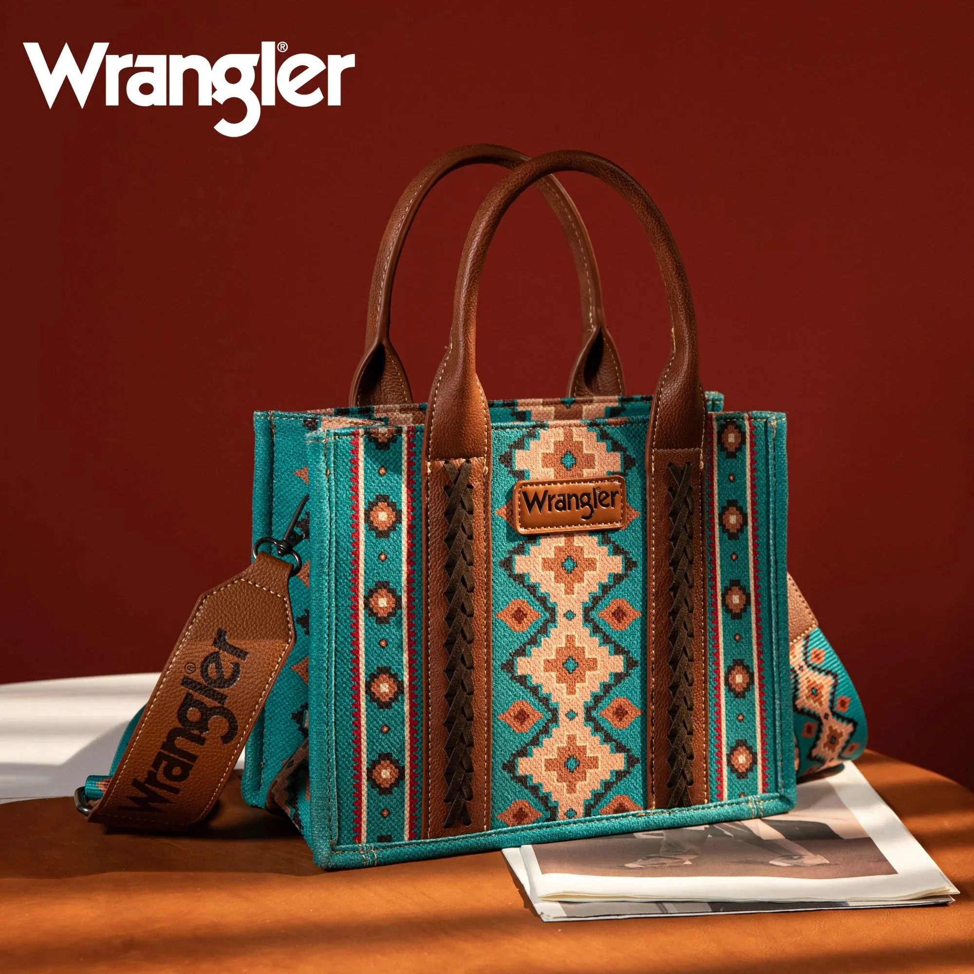 WG2203-8120S Wrangler Southwestern Print Small Canvas Tote/Crossbody - Turquoise