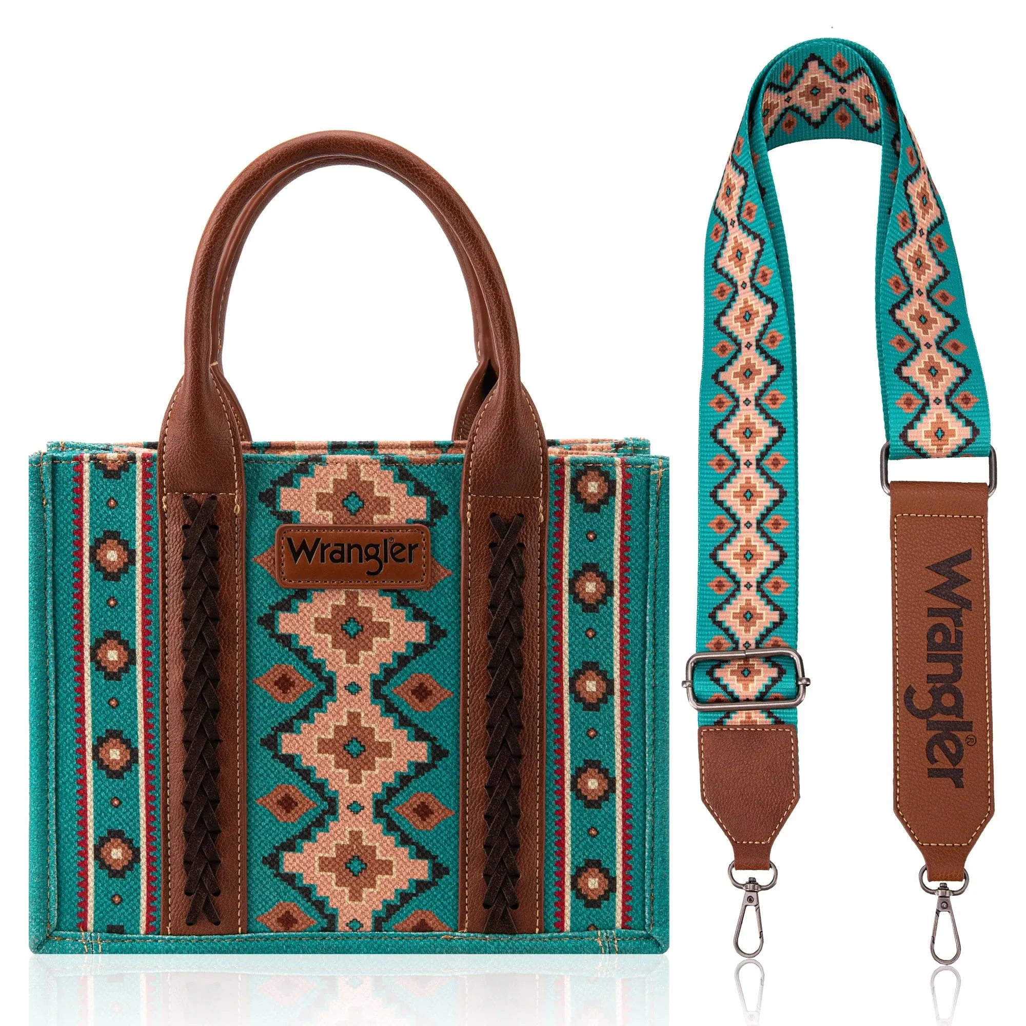 WG2203-8120S Wrangler Southwestern Print Small Canvas Tote/Crossbody - Turquoise