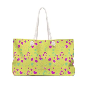 Yellow Pink Hearts Weekender Bag, Hearts Print Valentine's Day Designer Oversized Weekender Bag- Made in USA